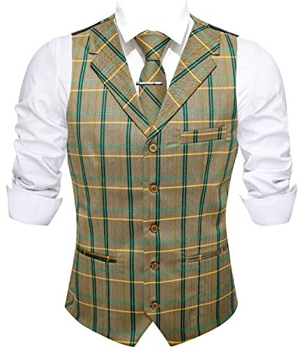 Barry.Wang Herren Karierte Weste, maßgeschneiderter Kragen/V-Ausschnitt, 3 Taschen, formelle Passform, Weste, Krawatten-Set für Anzüge oder Smoking, braun grün, Small