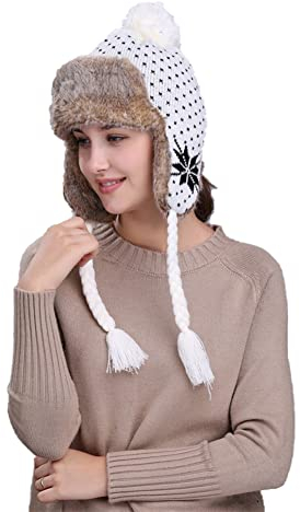 Volicph Damen Fliegermützen Wollmütze mit Ohrenklappen Strickmützen Gestrickt Pilotenmütze Russische mütze Winter Trapper Fellmütze Wintermütze