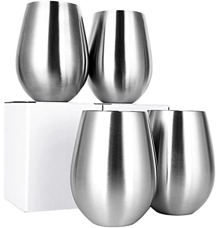 JMIATRY Stainless Steel Wine Glasses Set of 4, 18oz / 532ml Large Unbreakable Shatterproof Metal Red Wine Glasses, Stemless Wines Glass for Daily, Outdoor Picnics