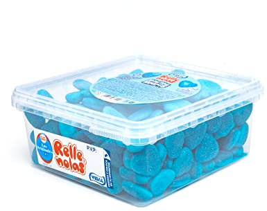 Vidal Golosinas. Rellenolas Corazones Pica Frambuesa. Gominolas en forma de corazón con relleno de gelatina y cobertura ácida. Color azul brillante. Sin gluten ni grasa. Tarro 150 u