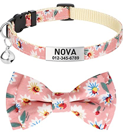TagME Katzen halsbänder mit Namen und Telefonnummer Auf, Kätzchenhalsband mit Sicherheits Verschluss und Glöckchen, Blume Baby Pink