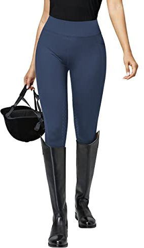 QUEENIEKE Sports Reitleggings Damen Reithose Silikon Vollbesatz mit Handytasche und Gürtelschlaufen für Reitsport Pferdetraining (Tiefmarineblau, 34-36)