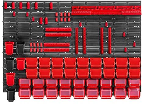 KADAX Lot de 83 Étagère murale d'atelier robuste, 116 x 78 cm, système de stockage en plastique, résistante aux UV, plaques murales extensibles, pour garage (rouge)