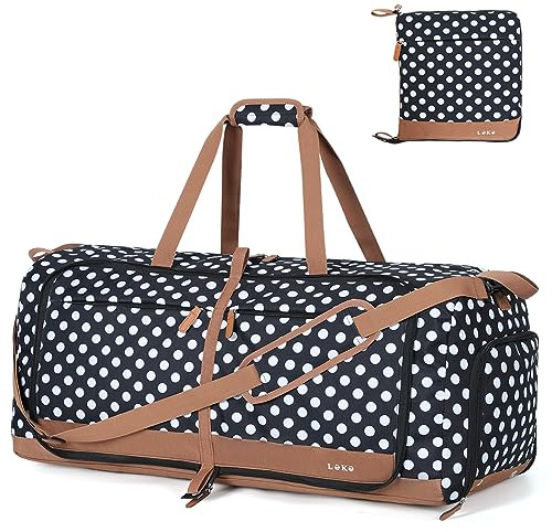 Lekesky Large Foldable Travel Duffe Bag - 80L Waterproof Holdall Luggage Bag with Shoes Compartment, Weekend Overnight Sports Bag for Women and Men(White Dots, 72 * 33 * 34cm)