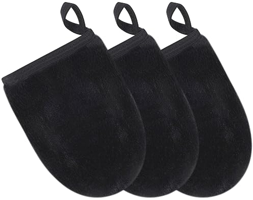 Kinhwa washable microfibre make-up remover gloves, soft, fluffy, thick non-irritating towel, reusable for face care (13x10cm, 3 gloves, black)