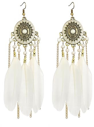 fdsmall Faux Feder Ohrringe für Frauen - Böhmische Fransen Quaste Lange Tropfen Dangle Ohrringe Vintage Schmuck Zubehör (weiß)