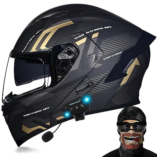 DXDRT Bluetooth Motorrad Flip Up Fronthelm DOT/ECE Genehmigt Motorrad Modular Full Face Helm HD Dual Sonnenblende Motorrad Helm Eingebaute Dual Lautsprecher Mit Mikrofon,Gold,XL