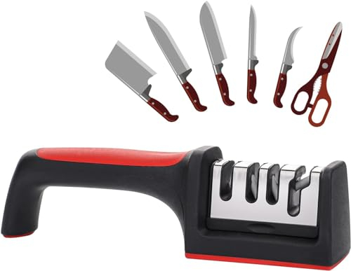 Knife Sharpener, 3 Stages Manual Chef's Knives Sharpener for Home Kitchen Precision Sharpening Tool,Ergonomic Design and Non-Slip Base, Black & Red