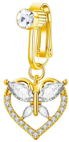 Besyvvin Faux Piercing Nombril Acier Chirurgical Clip Fake Piercing Nombril Anneau Coeur Dangle Faux Bijoux De Piercing pour Le Ventre