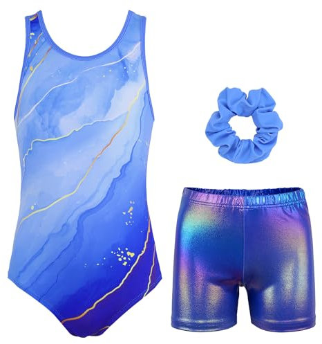 JOYSTREAM Gymnastikanzug für Mädchen mit Shorts, glitzernd, Ballett, Tanz, Activewear, Türkis-Set, 8-9 Jahre