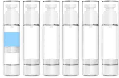 GIVITASOT 1.7OZ/50ML Airless Pump Bottles, 6 Pack Lotion Dispenser Travel Size Pump Bottles, Vacuum Cosmetic Travel Bottle for Lotion, Creams, Foundation, Cosmetic, with Labels, Wooeden Stick