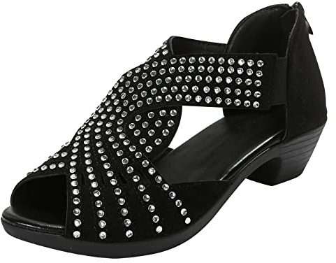 Women's Diamond Sequin Peep Toe Low Heel Sandals - Latin Ballroom Dance Shoes - Glitter Rhinestones Black Block Heels - Cut Out Back Zip Up Salsa Latin Dancing Shoes