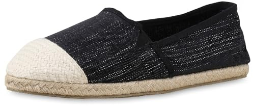 VAN HILL Angesagte Damen Glitzer Slipper Espadrilles Bastsohle 137708 Schwarz 40