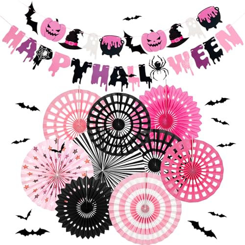 SUNBEAUTY Purple Black Happy Halloween Party Decorations Halloween Birthday Party Decorations with Happy Birthday Banner Paper Fans Spider webs Bats