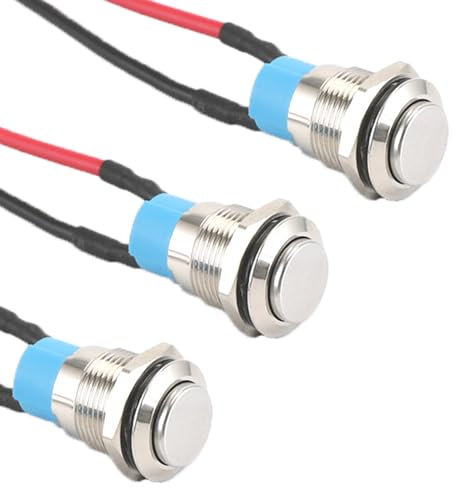 Powice 3 Stück 12mm Wasserdicht Schalter,Druckschalter,Selbstsichernder Edelstahl Taster Schalter 12V /230V Geeignet für Hupen, Autoklingeln, Autos usw Mit Draht (überstehend)