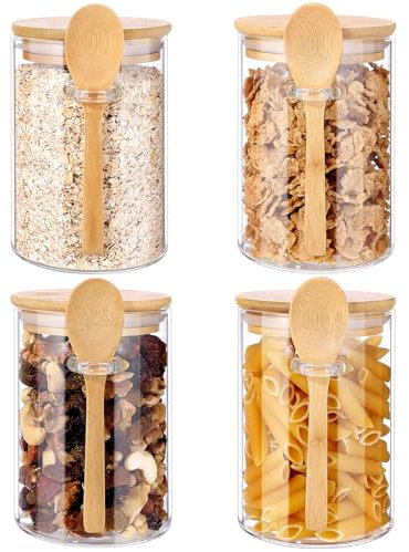 Zeawavsl Prácticos tarros de almacenamiento (con tapas y cucharas), juego de 4 tarros de almacenamiento (con tapas y cucharas), recipientes de vidrio ideales para preparar alimentos, cocina
