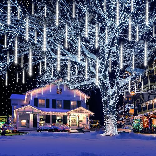 Kwaiffeo Weihnachtsbeleuchtung Außen, 20 Röhren Meteorschauer Lichterkette, Wasserdichte Fallende Regen Lichter für Weihnachten Halloween Weihnachtsbaum Hochzeit Fenster, Weihnachtsdeko Aussen,Weiß