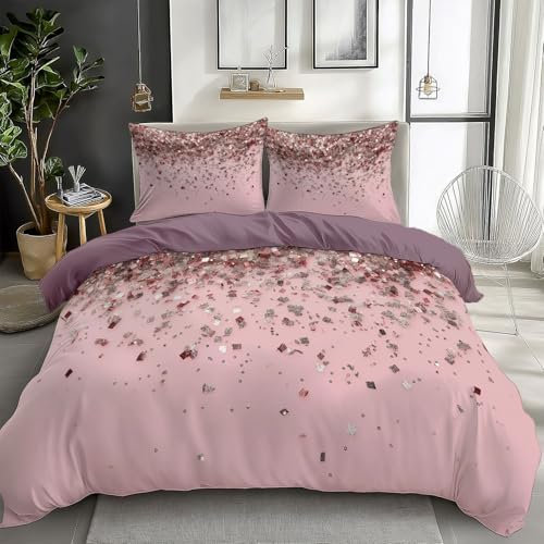 Double Size Duvet Cover Rose Gold Sequins Bedding Set with 2 Pillowcases Soft Non Iron Microfiber Bed Cover Gray Purple Hypoallergenic Duvet Cover Set