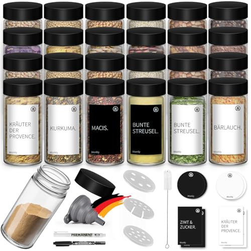 Miorkly 24 Rund Gewürzgläser mit Streueinsatz - Schwarzer Edelstahl Deckel Gewürzdosen-Gewürzstreuer -Gewürzbehälter Spice Jars - Küchen Gewürz Organizer - Trichter, Etiketten & Kreidestift