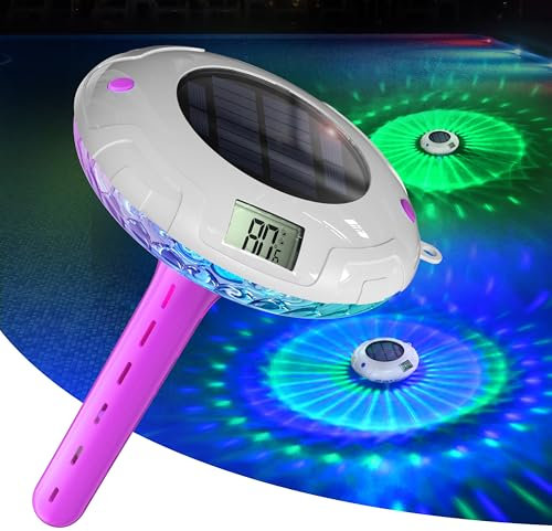 Solar Digital Pool Licht mit Dual LCD Bildschirmen, Leicht ablesbares Schwimmendes Poolthermometer mit 6 dynamischen Lichteffekten, IPX7 Wasserdicht Digital Thermometer (Marineblau)