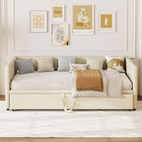 BPKADHY Ausziehbares Schlafsofa, 90/180 x 200 cm, gepolstertes Schlafsofa, Schlafsofa, ausziehbar, Gästebett, Einzelbett, Polsterbett (Samtstoff, Beige-A)