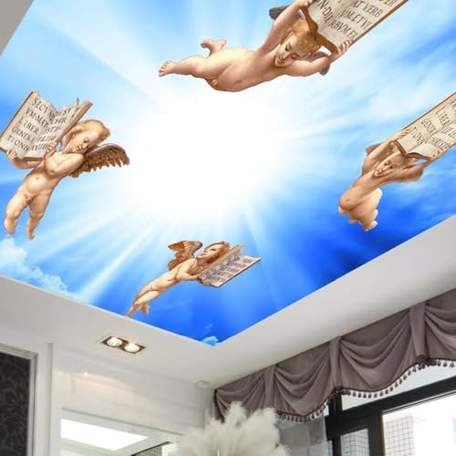 YUSENHUA Papier peint autocollant pour plafond 3D décoration murale motif ange ciel bleu soleil chambre à coucher
