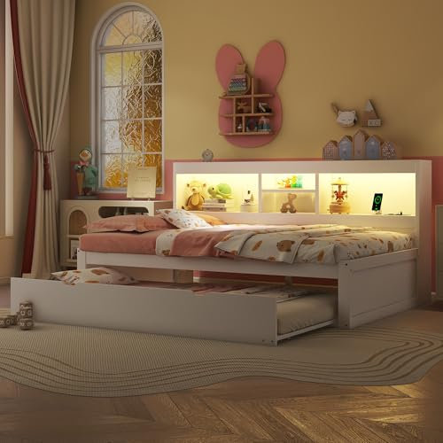 Holzbett 90x200 mit LED Beleuchtung & Ausziehbett, Funktionsbett mit Staufach, Steckdose & USB Ladefunktion, Sofabett Kinderbett Jugendbett Bettgestell Tagesbett Gästebett Daybett, ohne Matratze,Weiß