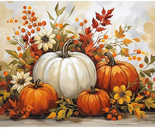 NEWENMO Citrouille Halloween Peinture par Numero Adulte,Fleurs et Feuilles D'automne Peinture Numero,Paint by Numbers,DIY Peinture à l'huile,Acryliques Bricolage Peintures Kits,Décor Maison 40x50cm