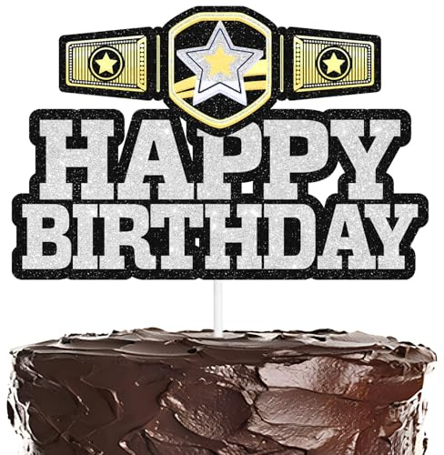 Gold Ring Happy Birthday Cake Topper Gold Glitter Wrestling Belt Cake Decor Fitness Sports Theme For Boys Men Birthday Party Decorations Supplies
