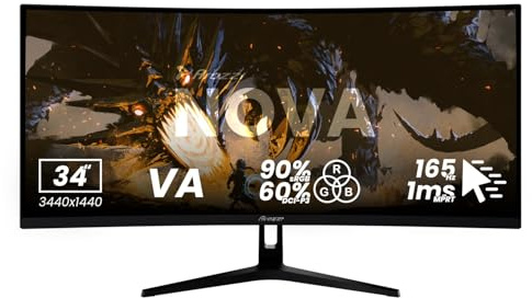 Arozzi Monitor Curved Gaming Nova 34 VA 165Hz - Schermo Ultrawide QHD 1440p con sincronizzazione adattiva, HDR10 e display senza sfarfallio - 90% sRGB - PC e console - Nero