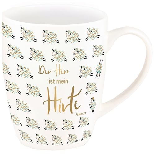 Tasse „Der Herr ist mein Hirte – Psalm 23“ – New Bone China Porzellan, 310 ml, Echtgold-Veredelung, Geschenkverpackung mit Sichtfenster
