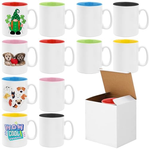 JTKDG 12er Set Sublimationstassen 11oz (330ml) mit 6 Innenfarben | Weiße Porzellantasse, Profi Keramikbecher Rohlinge mit AAA-Beschichtung,Inkl. Einzelverpackung für DIY Geschenke