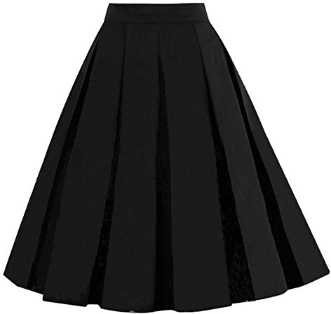 Girstunm Women's Pleated Vintage Skirt Floral Print A-line Midi Skirts with Pockets Solid-Black M