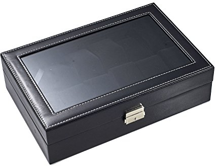 HAC24 Uhrenbox für 12 Uhren Armbanduhren mit Sichtfenster samt schwarz Leder Optik abschließbar