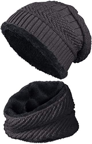 warm gefütterte Beanie + Schal mit Teddy-Fleece Fütterung mit Flechtmuster Wintermütze Einheitsgröße für Damen & Herren Mütze (4A) (Dunkelgrau/Schwarz)