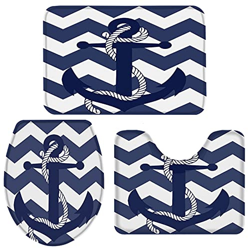 3-teiliges Badvorleger und Vorleger Sets Chevron Ripple Zig Zag Navy Blau und Weiß Nautisch Anker Rutschfest Badezimmer Fußmatte Läufer Teppiche WC Sitzbezug U-Form WC Bodenmatte