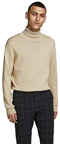 JACK & JONES Herren Dünner Rollkragen Strickpullover | Klassischer Rundhals Sweater | Langarm Basic JJEEMIL, Farben:Beige, Größe Pullover:L