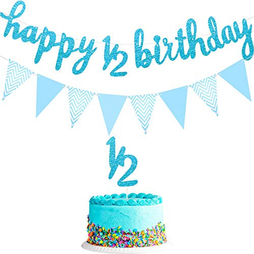6 Monate Happy Birthday Banner Happy 1/2 Birthday Banner Funkeln 1/2 Halbes Jahr Kuchen Topper Dreieck Flagge Banner für Baby Shower Geburtstag Party Dekoration, Vorgespannt (Blau)