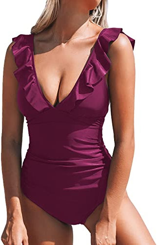 CUPSHE Damen Einteiler Badeanzug Rüschen V Neck Monokinis Blumenmuster Raffung Bauchweg Einteilige Bademode Swimsuit Pflaume XL
