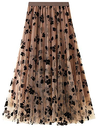 FEOYA Jupe Plissée en Mousseline de Voile Jupe Femme Trapèze Mi Longue Femme pour Printemps-Eté Marron,Taille Unique