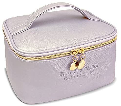 White Ze Borsa donna da viaggio impermeabile, Beauty case portatile in morbida pelle PU, Grande da Toilette per cosmetici, trucchi e spazzole(Griqio)