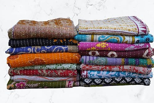 Boho Sanskriti Doppel-Baumwoll-Steppdecke, wendbar, Vintage-Tagesdecken, Kantha-Stichdecke, handbestickt, Gudari, mehrfarbig, 214 x 140 cm, nur chemische Reinigung, 5 Stück