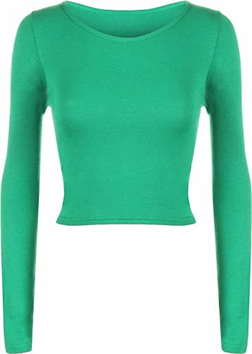 Womens Crop Long Sleeve T Shirt Ladies Short Plain Round Neck Top Ladies Fitness Workout Running T Shirts Plain Cropped Tops (Jade Green UK 12-14)