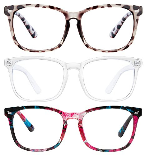 Blue Light Blocking Glasses - Women/Men 3Pack Computer Reading Gaming Anti Eyestrain Blue Light Glasses Non Prescription (8068-3P douhua+toumin+baohua)