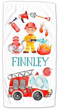 GRAZDesign Feuerwehr Kinder Handtuch mit Namen personalisiert Badetuch für Jungen von 2-10 Jahren Strandtuch / 100x50cm Feuerwehrmann