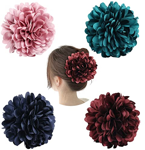 Cinaci Paquete de 4 pinzas de plástico negro para el cabello con grandes pasadores de lazo de flores de satén grandes, para moño de moño Updo accesorios para el cabello para mujeres y niñas