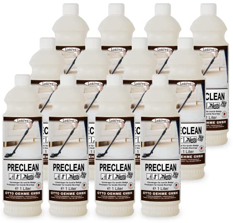 Lorito Preclean Vorreiniger für textile Beläge, Polsterreiniger, 12x 1 Liter Konzentrat, Fleckenentferner Kleidung, Sofa Teppich und Polster, schaumarm und umweltfreundlich