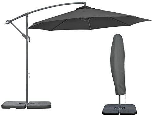 Outsunny 3(m) Garden Banana Parasol Cantilever Umbrella with Crank Handle, Cross Base, Weights and Cover for Outdoor, Hanging Sun Shade, Black