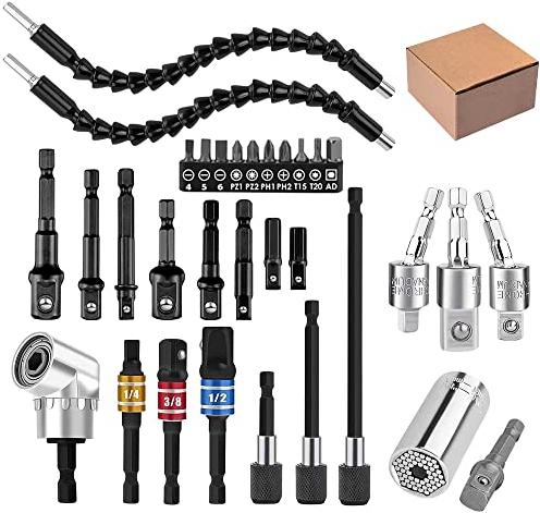 Lot de 32 extensions de forets flexibles, base articulée rotative 1/4 3/8 1/2, 105 °, kit d'extension de foret flexible (noir)