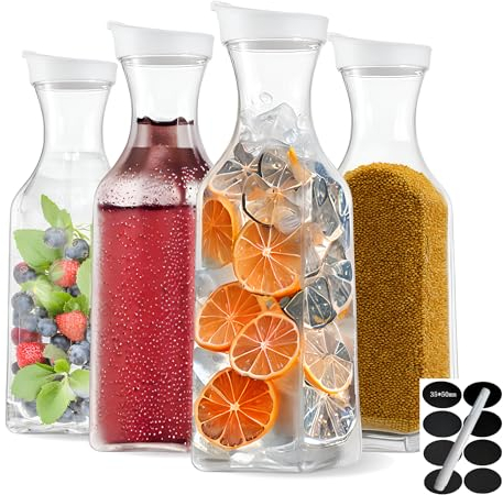 CutieSmiles 1.5L / 50oz Water Carafe with Flip Top Lid, Square Base Juice Pitcher, Clear Beverage Containers - for Water, Iced Tea, Lemonade, Juice, Beverage, Milk, Cold Brew and Mimosa Bar - Set of 4
